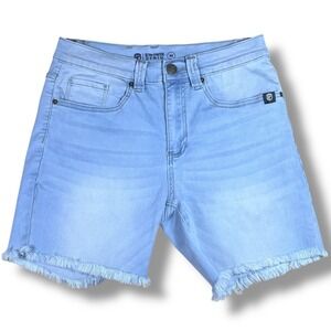 Born Primitive Mens Medium Ultra Stretch Denim Shorts Light Wash Raw Hem Blue